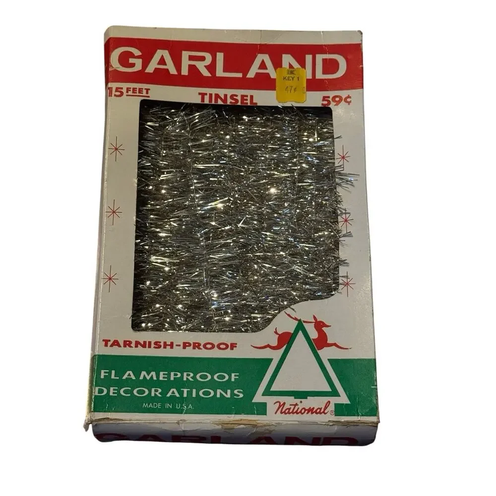 VTG Silver Christmas Garland National Tinsel Co USA Boxed MCM Holiday‎ Decor